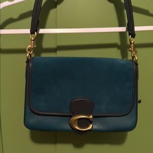 Coach Blue and Gold Shoulder Bag with Gold Hardware